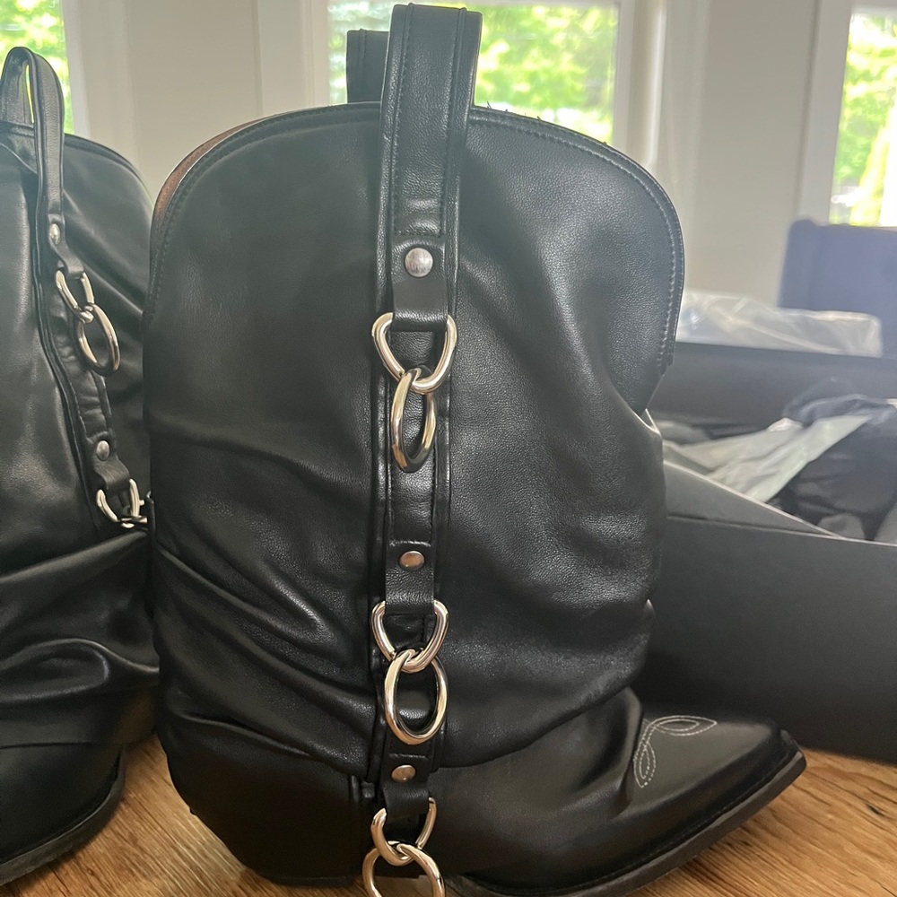 R13 Black Leather Boots with Silver Ring Details